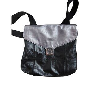 Bolzano Black Leather Crossbody Bag Purse Silver Flap, Adjustable Strap